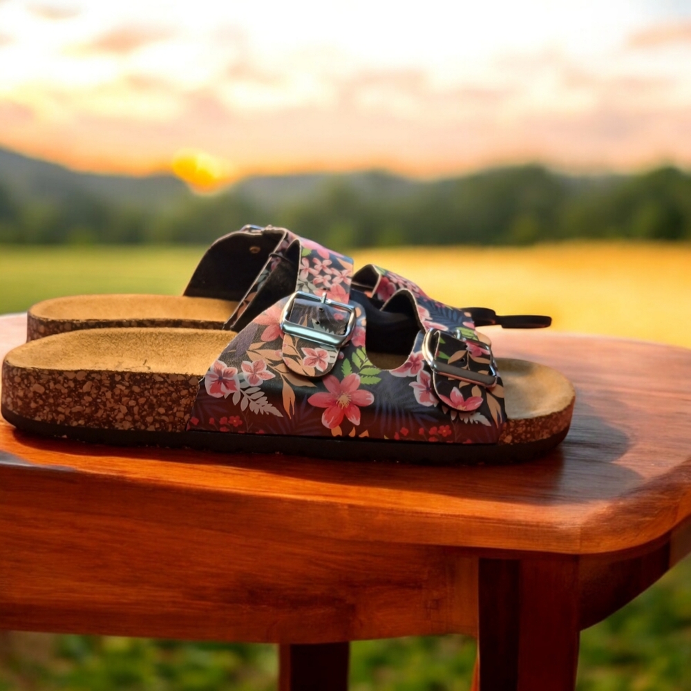 Pink and Black Floral Sandals with Cork Footbed